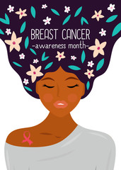 Breast cancer awareness month, young African woman with pink ribbon. 
