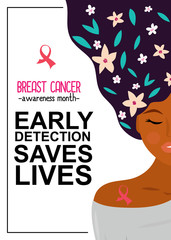 Breast cancer awareness month, young African woman with pink ribbon. 