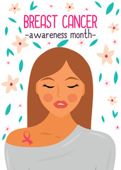 Breast cancer awareness month poster. Vector concept. Lady fights cancer. 