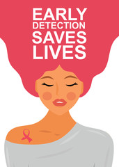 Early detection saves lives.Woman portrait with pink ribbon - symbol of breast cancer. Breast cancer awareness month poster. Vector concept. 