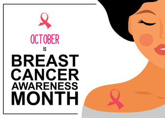 Breast Cancer awareness month.Woman portrait with pink ribbon - symbol of breast cancer. 