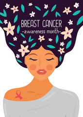 Woman portrait with pink ribbon - symbol of breast cancer. Breast cancer awareness month poster. Breast cancer banner. 
