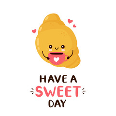 Cute happy croissant with coffee cup