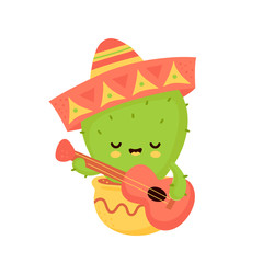 Cute happy cactus with guitar in mexican hat