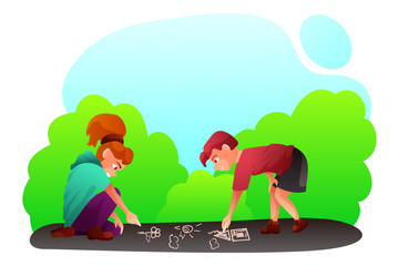Kids painting on asphalt flat vector illustration