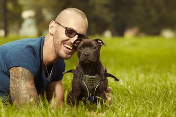 Three months old staffordshire bull terrier puppy with fitness muscle man