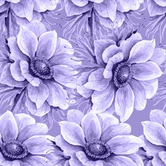 blue flower pattern, watercolor drawing on purple background