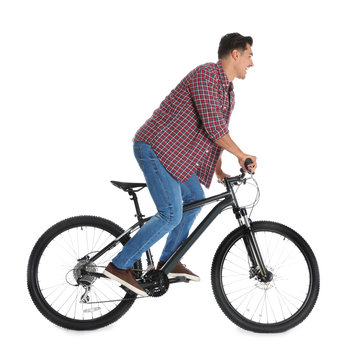 Handsome Young Man With Modern Bicycle On White Background