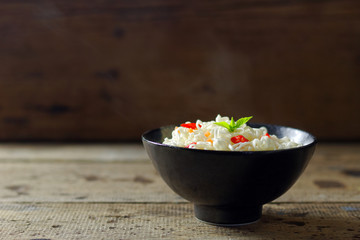 Closeup of hot instant noodles with smokes