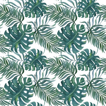 vector watercolor hand painted tropical seamless pattern with exotic rainforest leaves, tropical illustration for background texture, wrapping, wallpaper, fabric
