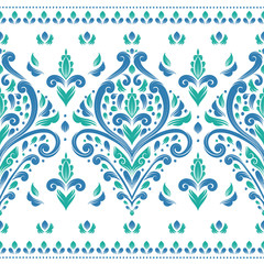 Green and blue vintage seamless pattern with blooming flowers. Vector background template, luxury elements. Great for fabric, invitation, wallpaper, decoration, packaging or any desired idea.