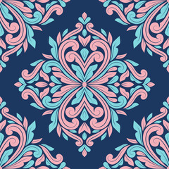 Pink and blue floral seamless pattern. Traditional oriental motifs. Vintage ornament template. Paisley elements. Great for fabric and textile.