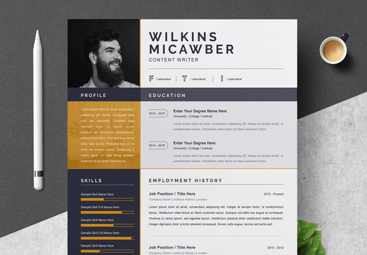 Resume Layout with Black Sidebar and Gold Accent