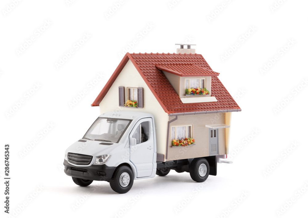 Poster cargo delivery truck with house on white background