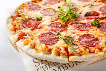 Pepperoni or Salami Pizza with Chili Pepper, Mozzarella and Tomatoes