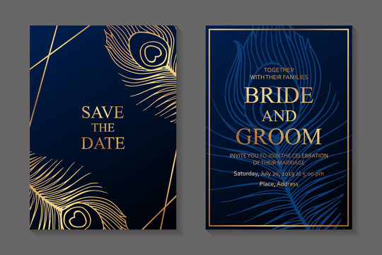 Wedding invitation design or greeting card templates with golden peacock feathers on a dark blue background.