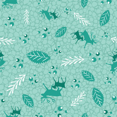 Reindeer and calf Christmas pattern with holly berries, leaves and branches. Scandinavian style seamless vector print.