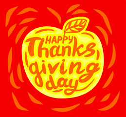 Thanksgiving lettering  in the form of fruit with a leaf on a red background