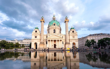 View of the baroque Karlskirche cathedral or St. Charles's Church in Vienna at sunset, Austria