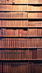 Old books on bookcase shelves