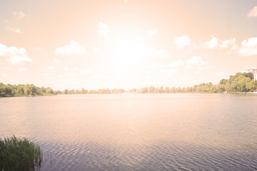 Fototapeta na wymiar The sun shines over the lake. Evening landscape.