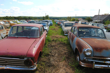 many abandoned rusty cars on a field in the grass