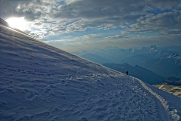 Dawn on Mount Elbrus in summer while climbing.