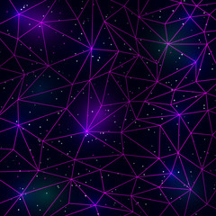 Retrowave synthwave vaporwave illustration of polygonal pink lines grid on starry nebula space background. Eps 10