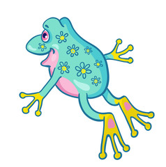 Little funny blue frog with flowers on the back is jumping.  In cartoon style. Isolated on a white background.
