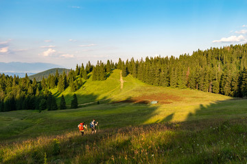 Backpackers trekking in sunset light, Velka Fatra, Western Carpathians, Slovakia