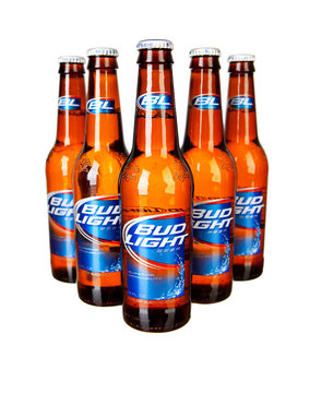 Saint Louis, MO . USA - 02.02.2011: Five Bottles Of Bud Light From Anheuser-Busch On White