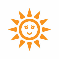 Silhouette of sun with a smiling face. Isolated icon, symbol, logo. Flat vector illustration.