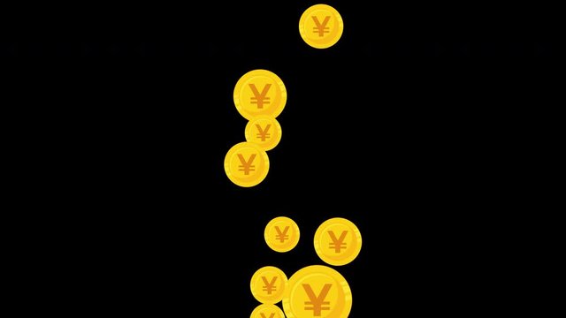 Japanese Yen coins flux moving in slow motion. 4k animation with alpha transparency. Currency Japan background for stock market, finance, banking, forecasting, economic, business video.