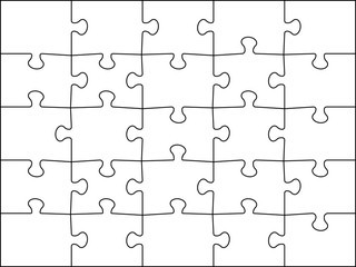 Puzzles grid 5x5. Template jigsaws detail frame 25 pieces. Assemble jigsaw puzzle game challenge vector illustration.