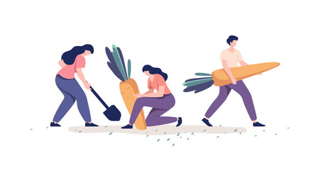 People harvesting vegetables. Organic vegetable crops cultivation. Farmer carry huge carrot. Vector illustration.