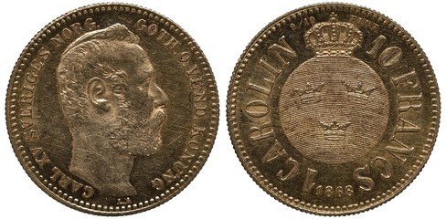 Sweden Swedish golden coin 1 one carolin or 10 ten francs 1868, head of King Carl XV right, round shield with three crowns on striped background, crown on top, denominations flank,