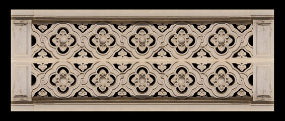 Elements of architectural decorations of buildings, gypsum stucco, plaster ornaments and patterns, wall texture. On the streets in Georgia, public places. © Kozlik_mozlik
