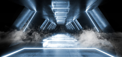 Smoke Neon Laser Glowing Blue Triangle Corridor Sci Fi Futuristic Hallway Tunnel Underground Alien Spaceship Dance Disco Showroom Background Vibrant Beam Gateway 3D Rendering