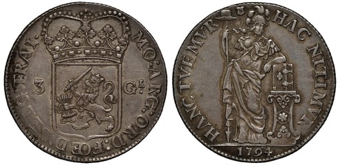 The Netherlands Dutch silver coin 3 three gulden 1794, crowned shield with lion divides denomination, woman in toga leaning on book standing on pedestal,