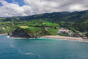 Fototapeta na wymiar Praia dos Moinhos, beach, Sao Miguel, Azores, Portugal, aerial drone wide view
