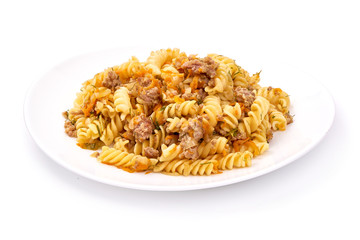 Pasta with minced meat, Fusilli Bolognese, isolated on white background