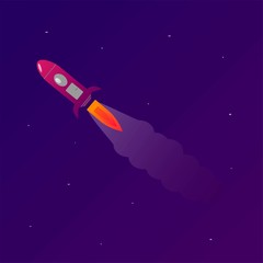 Rocket in space, colorful illustration, concept of the universe. Stylized cartoon vector