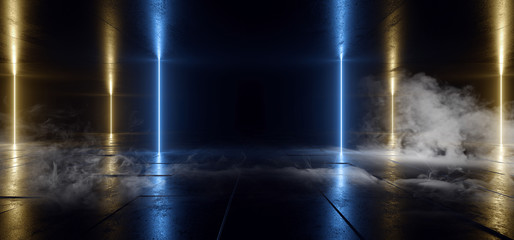 Smoke Neon Laser Glowing Blue Yellow Arc Pylons Lines Sci Fi Futuristic Grunge Concrete  Tunnel Corridor Showroom Night Dark Empty Background Spaceship Club 3D Rendering