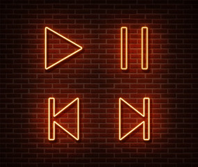 Neon player button signs vector isolated on brick wall. Play, pause, next, previous track light symb