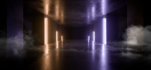 Smoke Neon Laser Glowing Orange Purple Arc Pylons Lines Sci Fi Futuristic Grunge Concrete  Tunnel Corridor Showroom Night Dark Empty Background Spaceship Club 3D Rendering