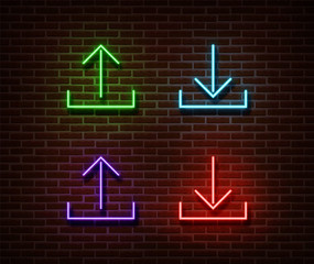 Neon cloud data signs vector isolated on brick wall. Download, upload data light symbol, decoration 