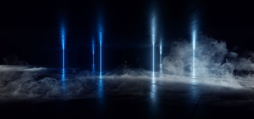 Smoke Neon Laser Glowing Blue Arc Pylons Lines Sci Fi Futuristic Grunge Concrete  Tunnel Corridor Showroom Night Dark Empty Background Spaceship Club 3D Rendering
