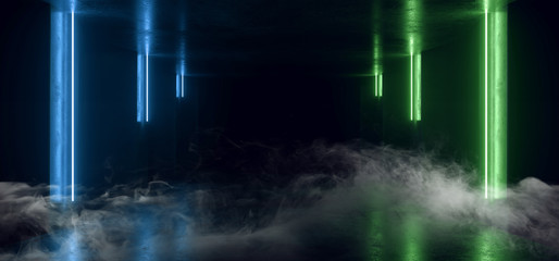 Smoke Neon Laser Glowing Blue Green Arc Pylons Lines Sci Fi Futuristic Grunge Concrete  Tunnel Corridor Showroom Night Dark Empty Background Spaceship Club 3D Rendering