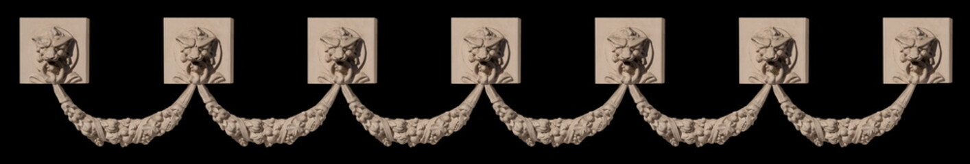 Elements of architectural decorations of buildings, gypsum stucco, plaster ornaments and patterns, wall texture. On the streets in Georgia, public places. © Kozlik_mozlik