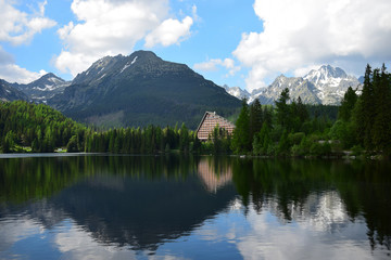 Fototapeta na wymiar Lake Strbské pleso and Hotel Patria in the High Tatras.